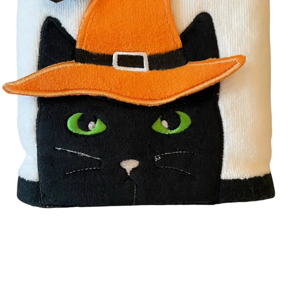 Kassadecor Halloween Witch Cat Hand Towels 18x28 Plush Black & White Set of 2